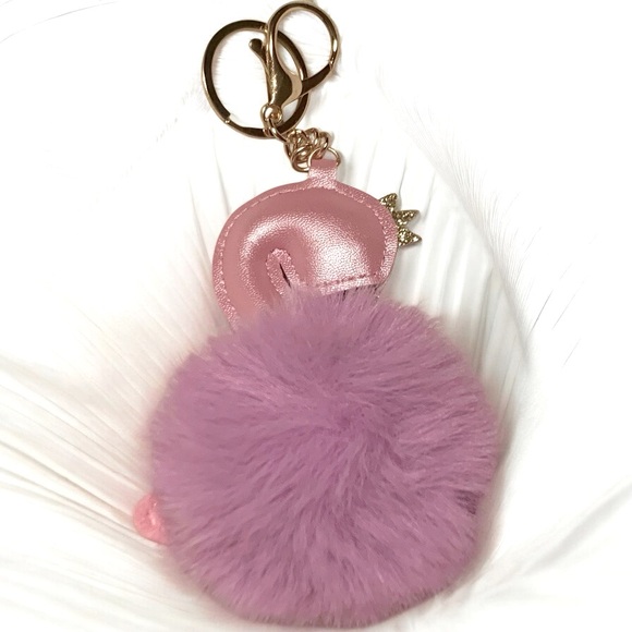 Flamingo Pink, Purple, & Gold Faux Fur Rhinestone-Encrusted Key Chain, Bag, Car - Picture 4 of 5